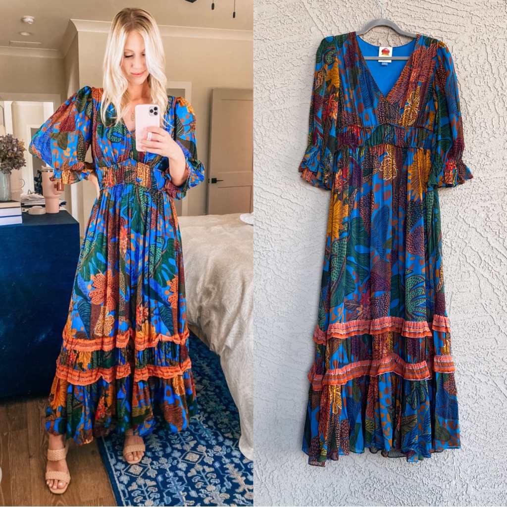 Farm Rio Anthropologie Blue Tropical Floral Jungle Printed Tiered Maxi Dress Xs